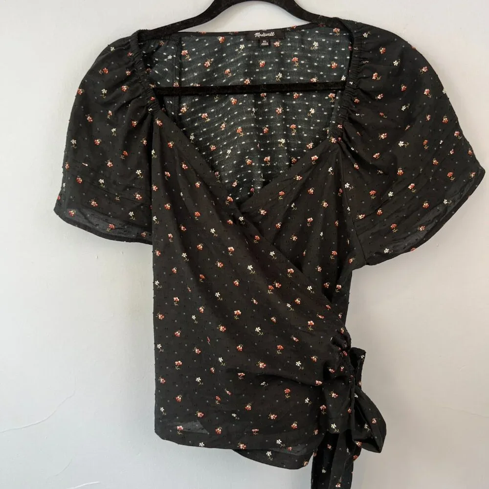 Madewell Black Floral Wrap Blouse